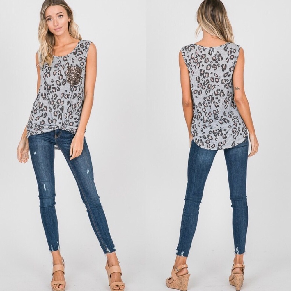 Last!Animal Print Sequin Pocket Top - Picture 2 of 5